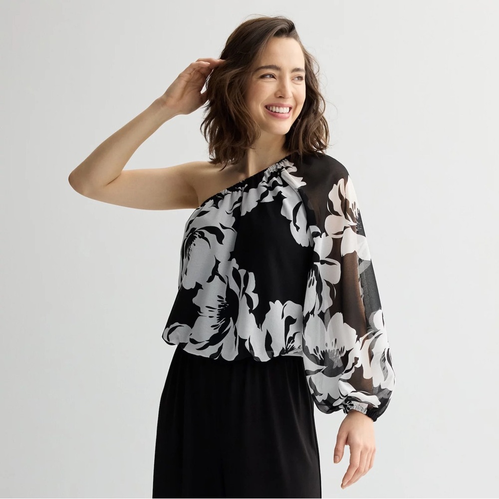 INTempo One-Shoulder Blouse - Black and White Floral NWOT
